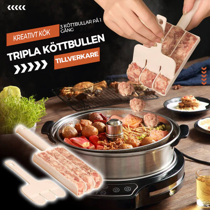 "Köttbullarmakare med vitt PP-material, långt handtag, non-stick yta; formar tre köttbullar samtidigt, 21x8,5cm."