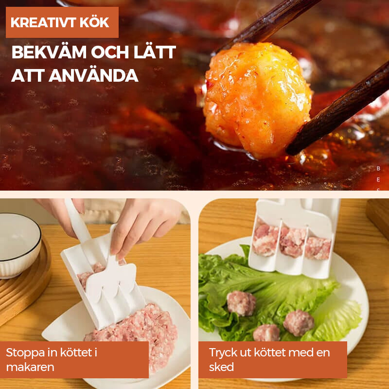 "Köttbullarmakare med vitt PP-material, långt handtag, non-stick yta; formar tre köttbullar samtidigt, 21x8,5cm."