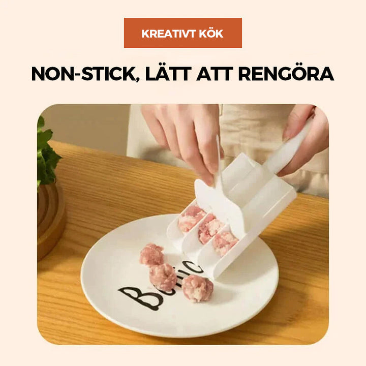 "Köttbullarmakare med vitt PP-material, långt handtag, non-stick yta; formar tre köttbullar samtidigt, 21x8,5cm."