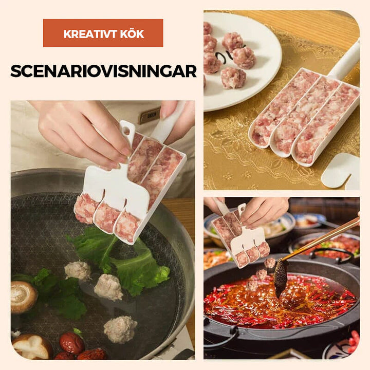"Köttbullarmakare med vitt PP-material, långt handtag, non-stick yta; formar tre köttbullar samtidigt, 21x8,5cm."