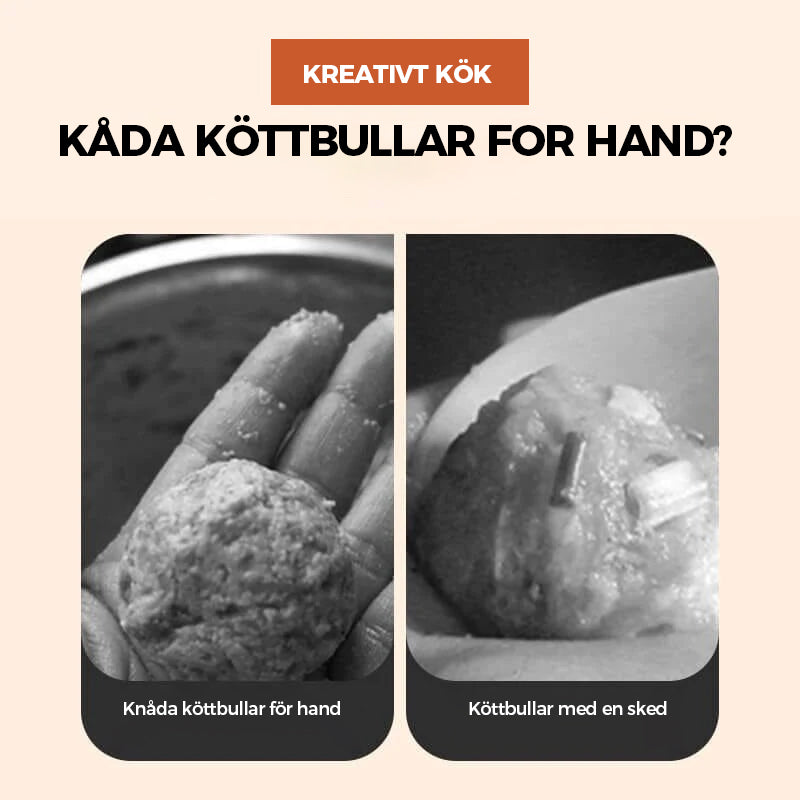 "Köttbullarmakare med vitt PP-material, långt handtag, non-stick yta; formar tre köttbullar samtidigt, 21x8,5cm."