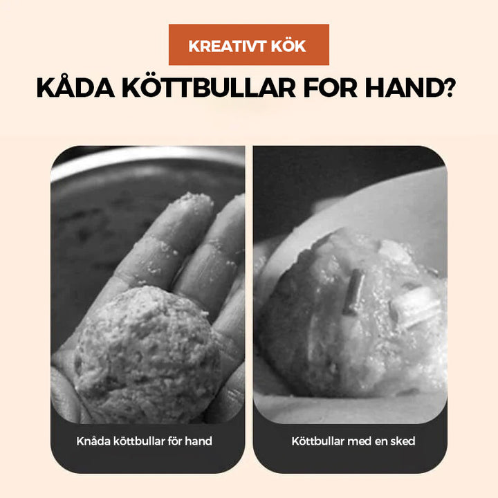 "Köttbullarmakare med vitt PP-material, långt handtag, non-stick yta; formar tre köttbullar samtidigt, 21x8,5cm."