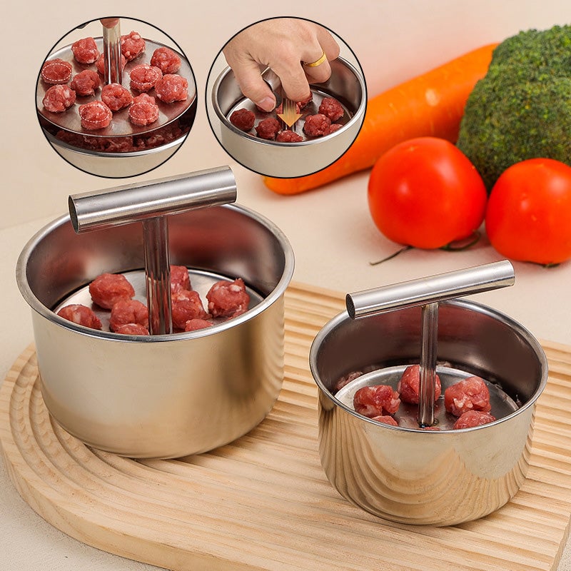 "Köttbullsformare i rostfritt stål, med elegant design, visar köttbullar formade snabbt och enkelt. Perfekt för köksentusiast
