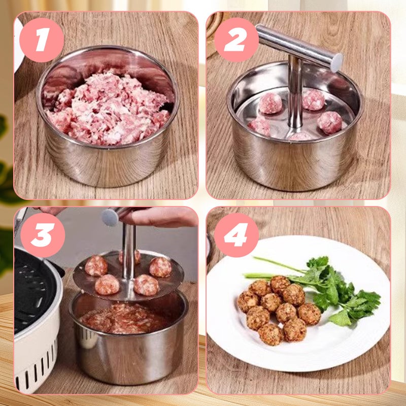 "Köttbullsformare i rostfritt stål, med elegant design, visar köttbullar formade snabbt och enkelt. Perfekt för köksentusiast