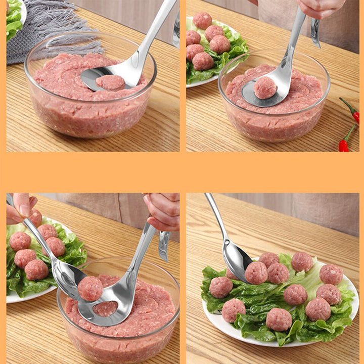 "Köttbullssked av rostfritt stål, silverfärgad, med ergonomiskt handtag och håldesign, perfekt för köttbullsformning."