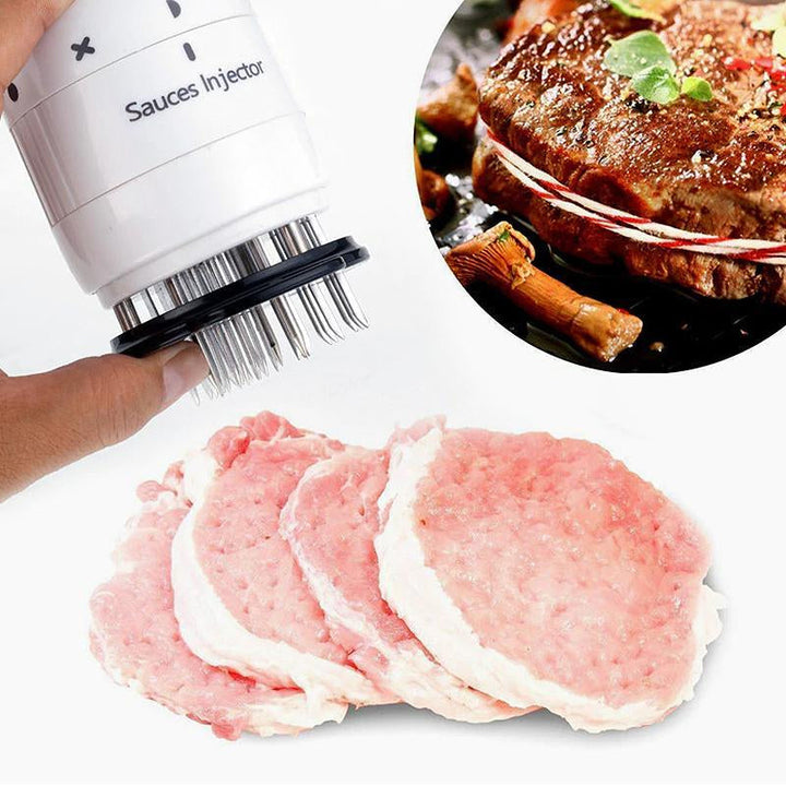 "Köttinjektor rostfritt stål, marinering med säkerhetslås, 27 nålar för djup och jämn smakinsprutning, elegant design."