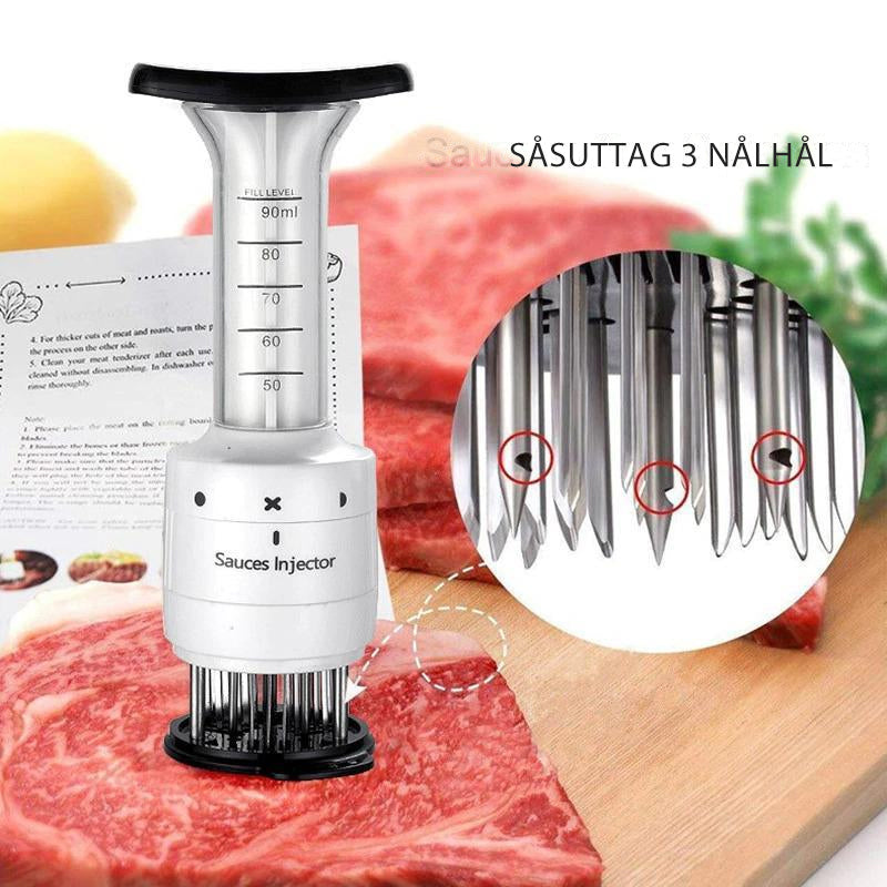 "Köttinjektor rostfritt stål, marinering med säkerhetslås, 27 nålar för djup och jämn smakinsprutning, elegant design."