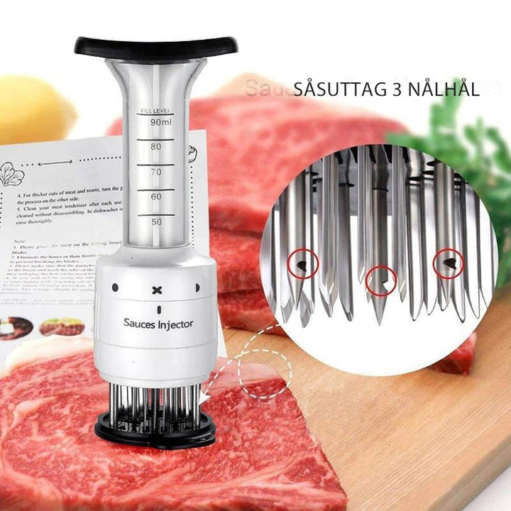 "Köttinjektor rostfritt stål, marinering med säkerhetslås, 27 nålar för djup och jämn smakinsprutning, elegant design."
