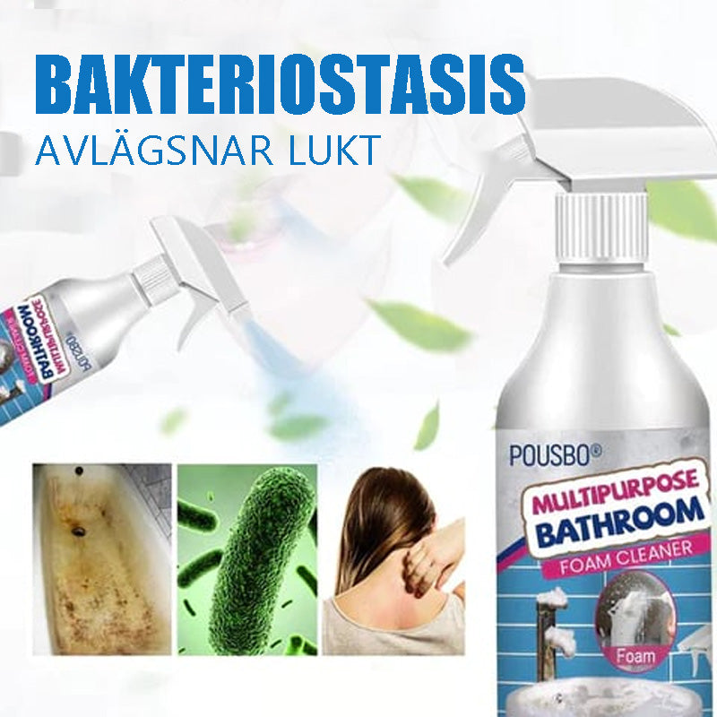 "Kraftfull badrumsskumrengörare mot smuts, fläckar och lukt. Lila flaska med vit text och skum som bildas."