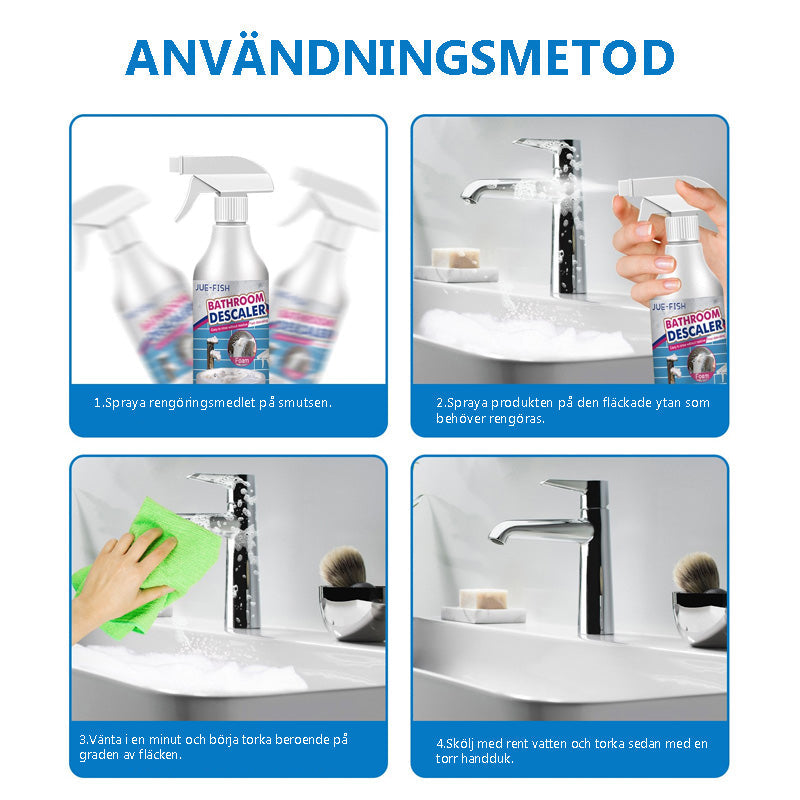 "Kraftfull badrumsskumrengörare mot smuts, fläckar och lukt. Lila flaska med vit text och skum som bildas."