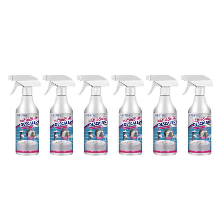 "Kraftfull badrumsskumrengörare mot smuts, fläckar och lukt. Lila flaska med vit text och skum som bildas."