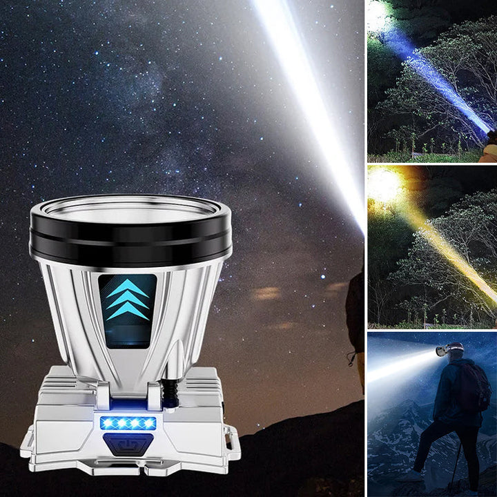 "Kraftfull LED pannlampa med justerbar rem, visad framifrån, vattentät och ergonomisk design för nattaktiviteter."