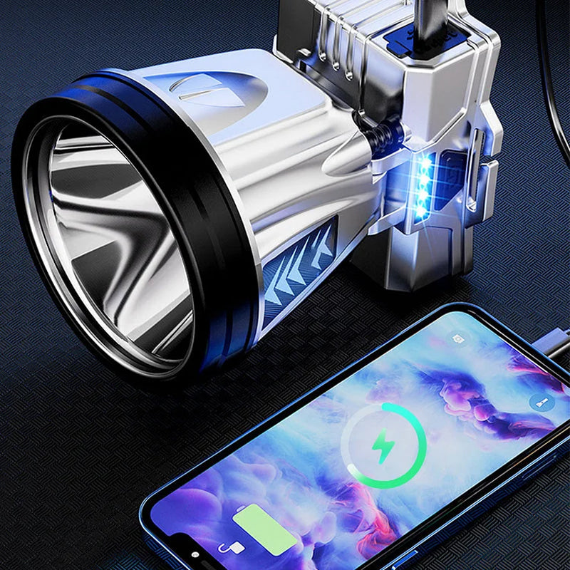 "Kraftfull LED pannlampa med justerbar rem, visad framifrån, vattentät och ergonomisk design för nattaktiviteter."