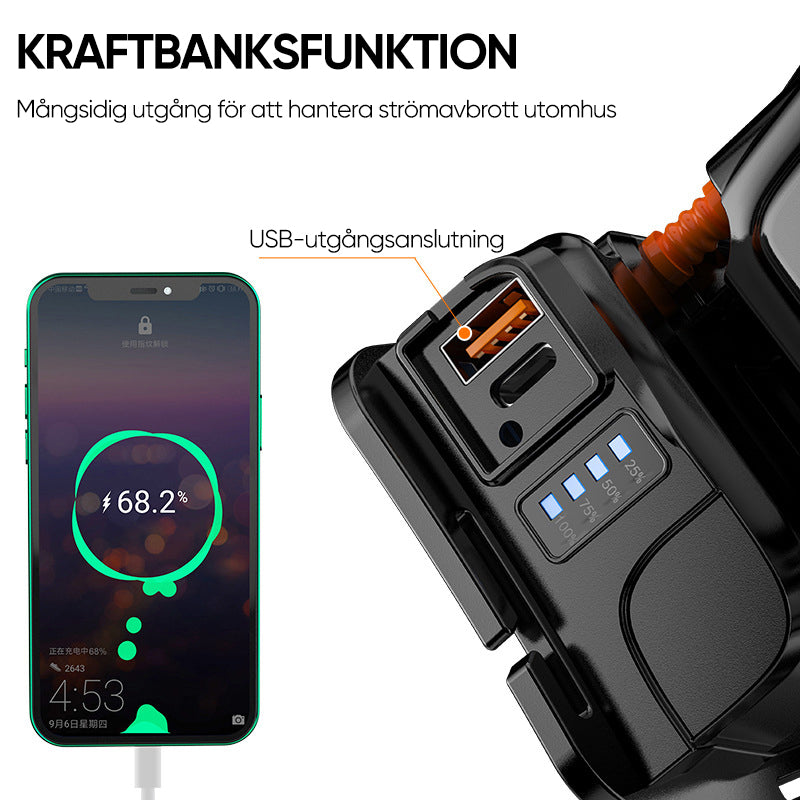 "Kraftfull LED pannlampa med justerbar rem, visad framifrån, vattentät och ergonomisk design för nattaktiviteter."