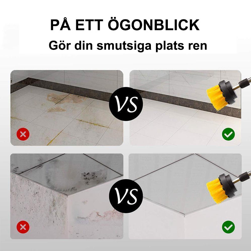 "Kraftfull rengöringsborste med gula nylonborstar och olika borsthuvuden för hem och bil, passar standardborrar."
