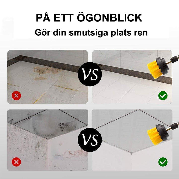 "Kraftfull rengöringsborste med gula nylonborstar och olika borsthuvuden för hem och bil, passar standardborrar."