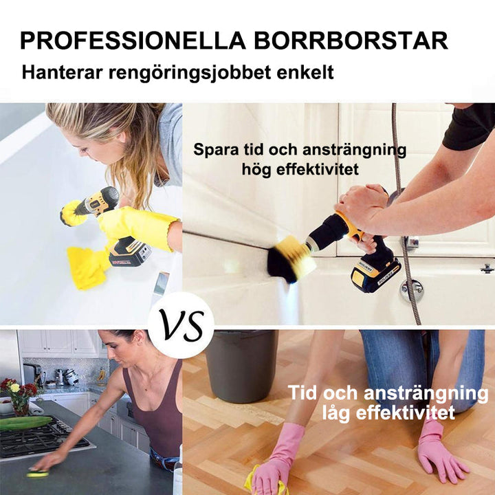 "Kraftfull rengöringsborste med gula nylonborstar och olika borsthuvuden för hem och bil, passar standardborrar."