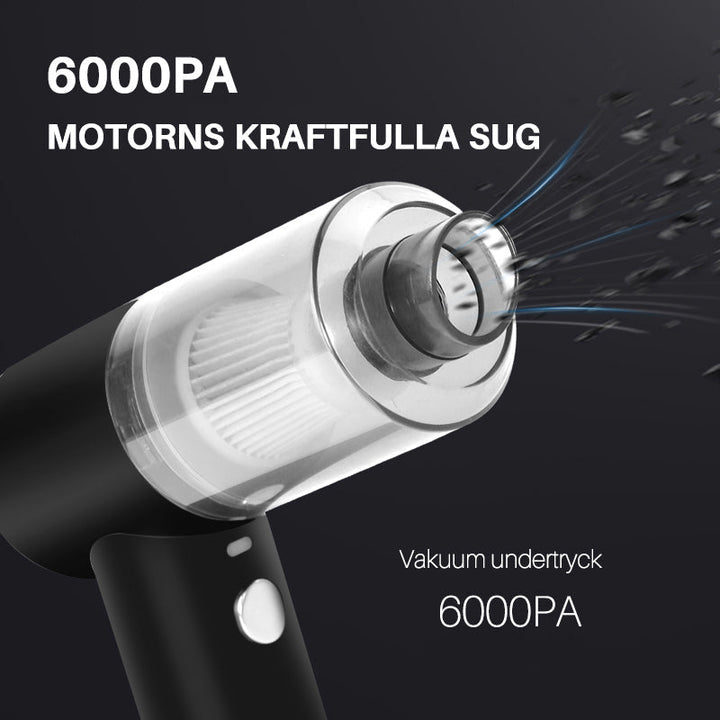 Kraftfull trådlös vit mini dammsugare för hem och kontor, idealisk för rengöring av smala utrymmen och fönster.