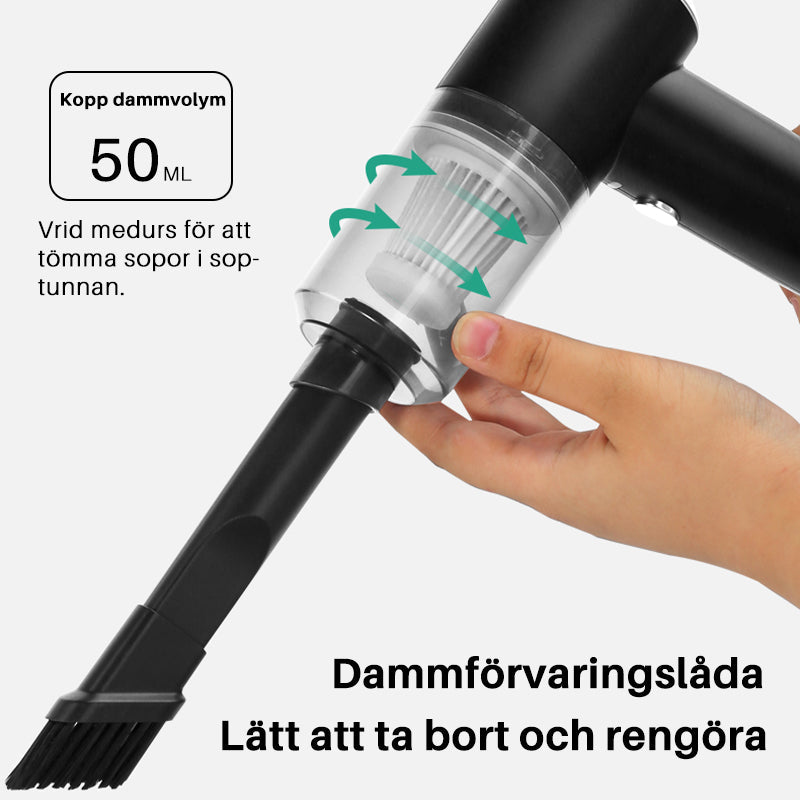 Kraftfull trådlös vit mini dammsugare för hem och kontor, idealisk för rengöring av smala utrymmen och fönster.