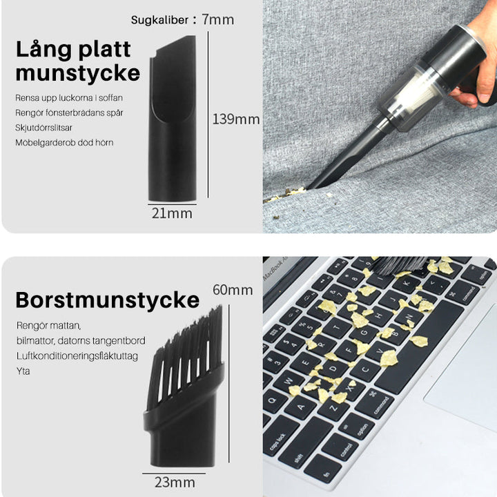 Kraftfull trådlös vit mini dammsugare för hem och kontor, idealisk för rengöring av smala utrymmen och fönster.