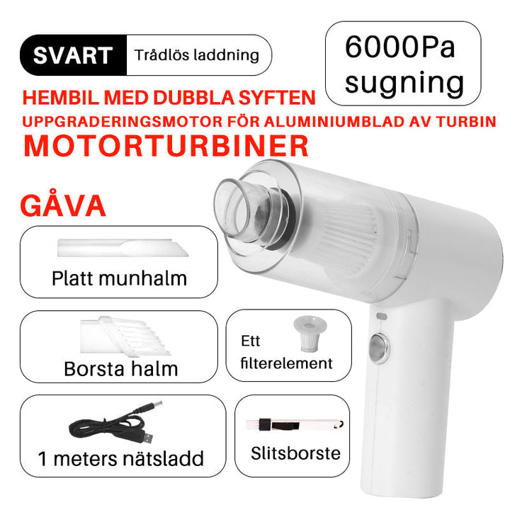 Kraftfull trådlös vit mini dammsugare för hem och kontor, idealisk för rengöring av smala utrymmen och fönster.