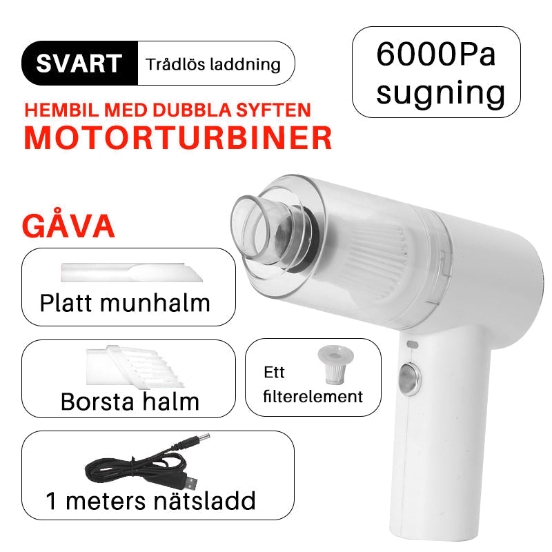 Kraftfull trådlös vit mini dammsugare för hem och kontor, idealisk för rengöring av smala utrymmen och fönster.