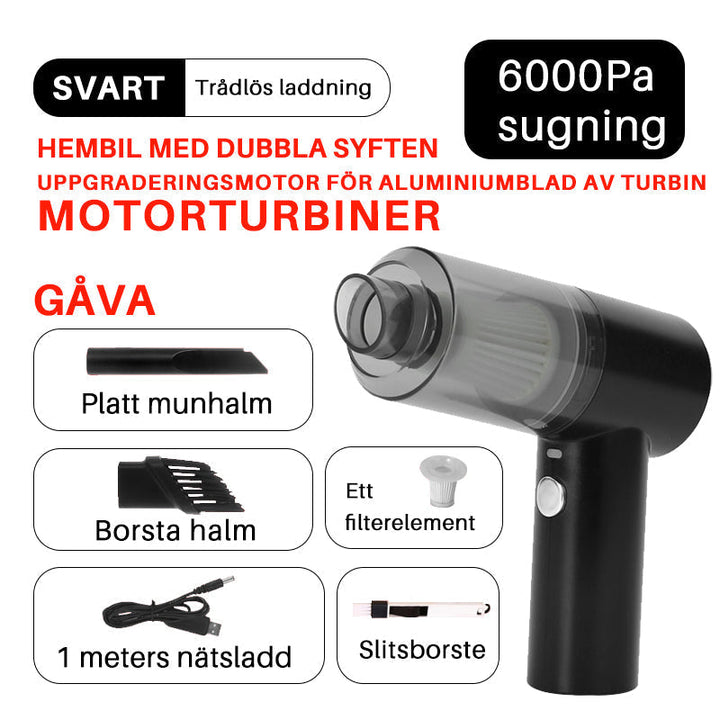 Kraftfull trådlös vit mini dammsugare för hem och kontor, idealisk för rengöring av smala utrymmen och fönster.