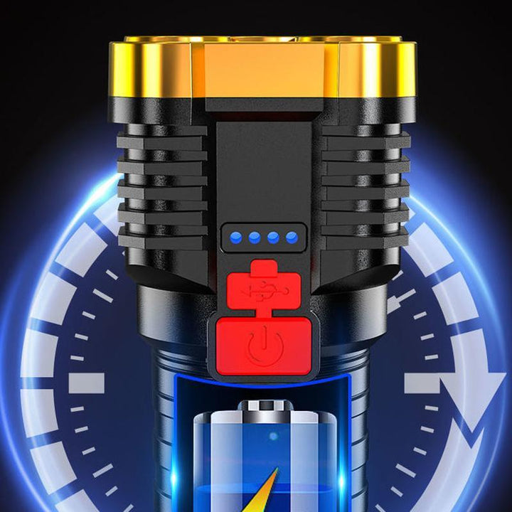 "Kraftfull vattentät ficklampa med stark ljusstyrka, ABS-konstruktion och USB-laddning för utomhusäventyr."