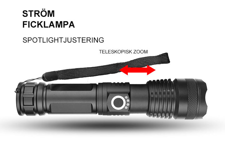 "Kraftfull vattentät LED-ficklampa i aluminium med uppladdningsbar funktion, perfekt för äventyr och dåliga väderförhållanden