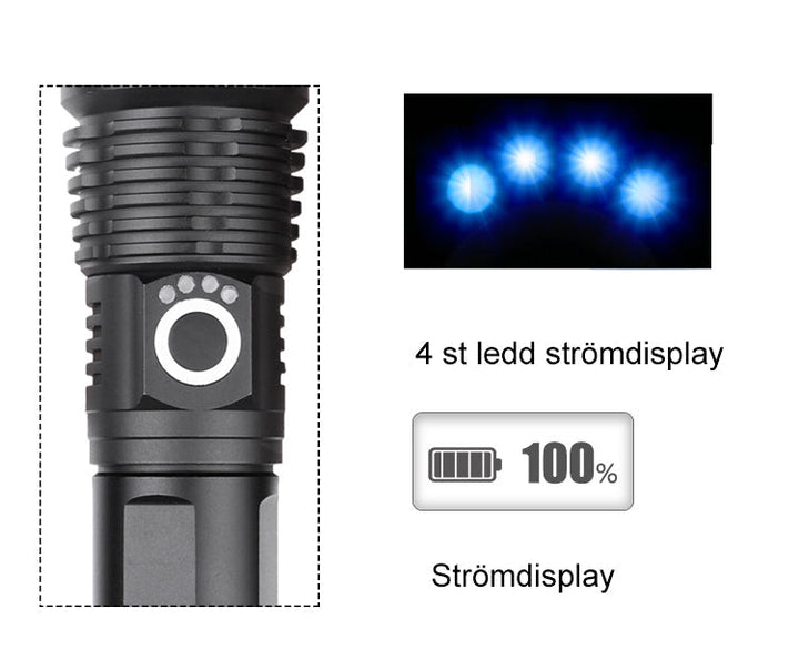 "Kraftfull vattentät LED-ficklampa i aluminium med uppladdningsbar funktion, perfekt för äventyr och dåliga väderförhållanden