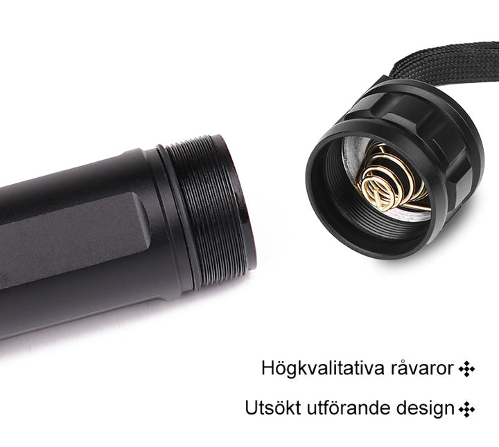 "Kraftfull vattentät LED-ficklampa i aluminium med uppladdningsbar funktion, perfekt för äventyr och dåliga väderförhållanden