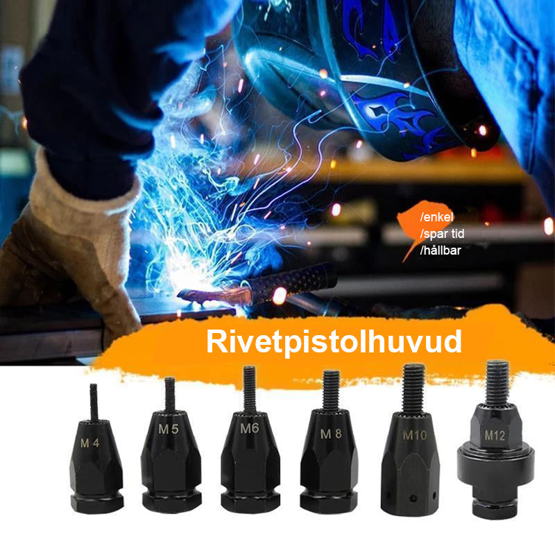 "Kraftfullt nitpistolhuvud i robust metall, idealiskt för stål och glasfiberarbete i gör-det-själv-projekt."