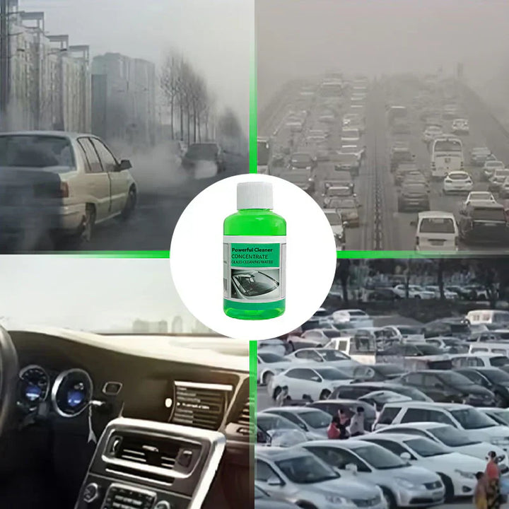 "Kraftfullt rengöringskoncentrat för bilvindrutor i transparent flaska, skapar kristallklara ytor och eliminerar oljefilm."