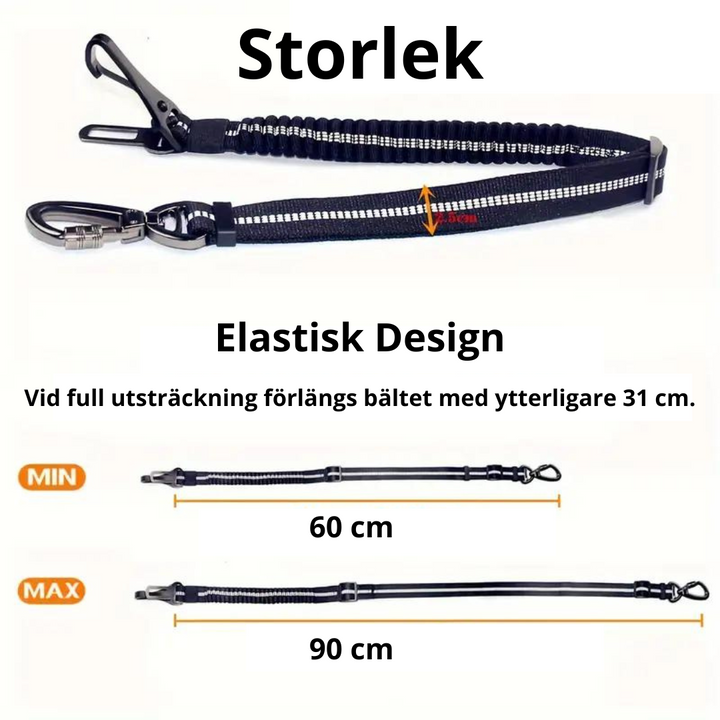 "Kraftigt justerbart bilbälte för husdjur, med elastisk buffert och reflekterande detaljer för säker och bekväm bilresa."