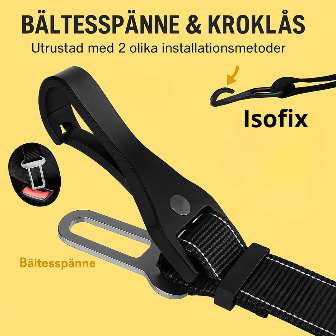 "Kraftigt justerbart bilbälte för husdjur, med elastisk buffert och reflekterande detaljer för säker och bekväm bilresa."