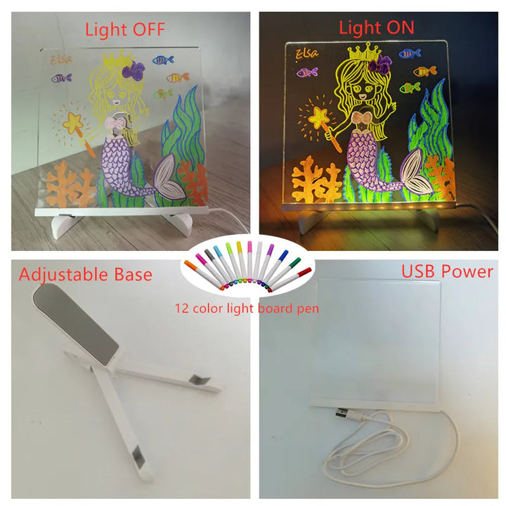 "Kreativ LED-rittavla med USB-laddning och justerbart ljus, akryl- och ABS-material, perfekt för barns lek och lärande."