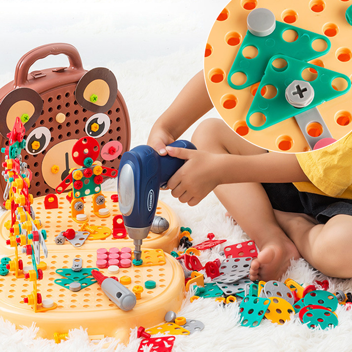 "Kreativ verktygslåda för barn, fylld med färgglada byggdelar och verktyg; perfekt för rolig och lärorik lek."