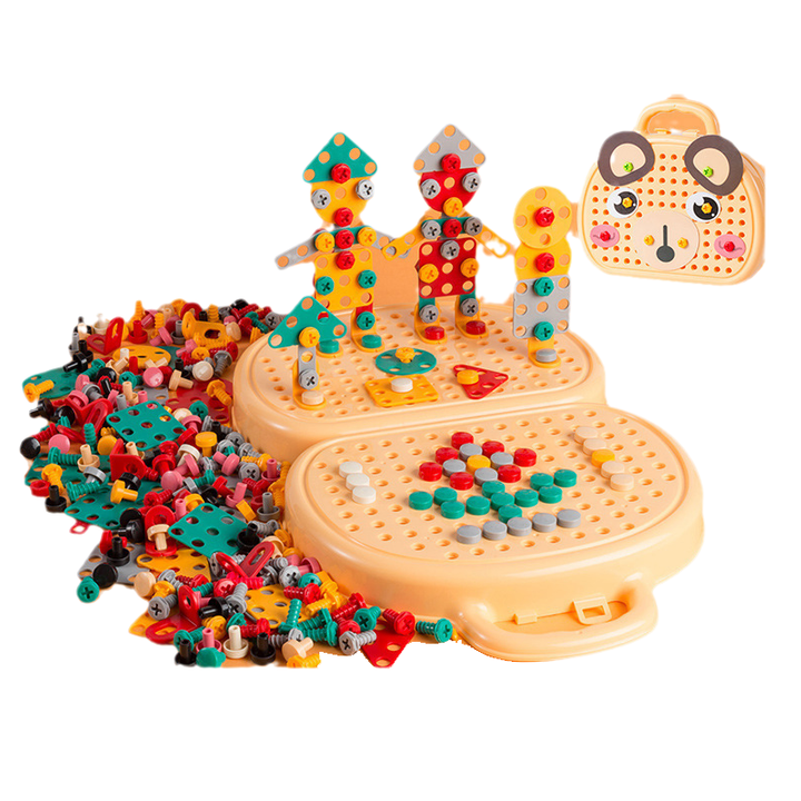 "Kreativ verktygslåda för barn, fylld med färgglada byggdelar och verktyg; perfekt för rolig och lärorik lek."