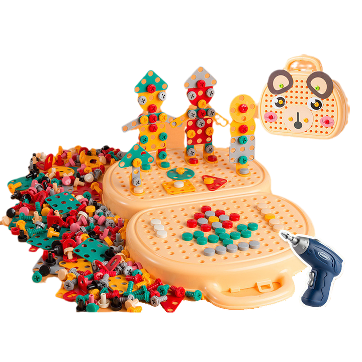 "Kreativ verktygslåda för barn, fylld med färgglada byggdelar och verktyg; perfekt för rolig och lärorik lek."