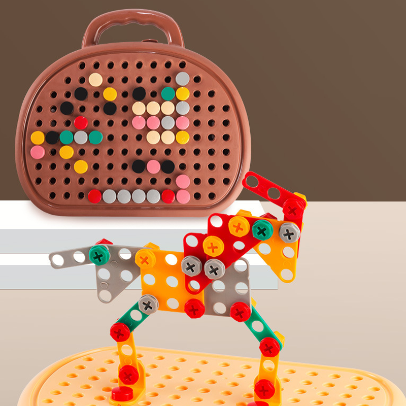 "Kreativ verktygslåda för barn, fylld med färgglada byggdelar och verktyg; perfekt för rolig och lärorik lek."