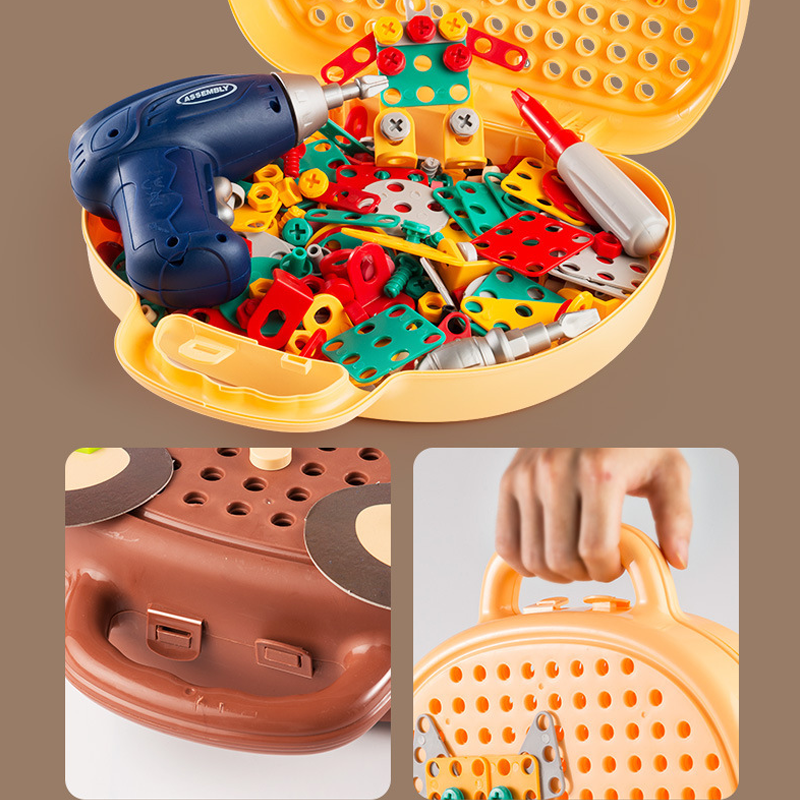 "Kreativ verktygslåda för barn, fylld med färgglada byggdelar och verktyg; perfekt för rolig och lärorik lek."