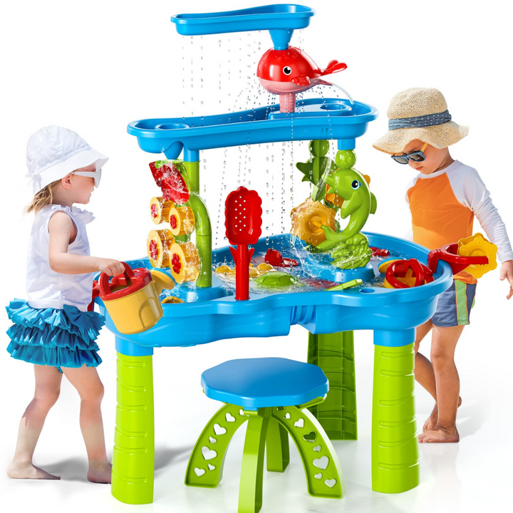 "Kreativt, färgglatt sand- och vattenlekbord för barn med tre nivåer, spadar, hinkar och vattenhjul, väderbeständig."