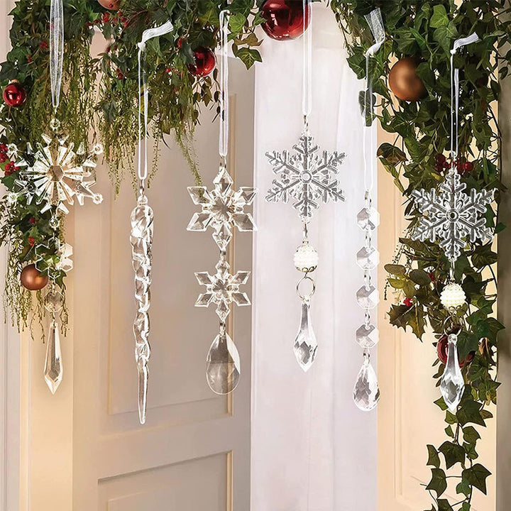 "Kristall Snöflinge Dekoration som glittrar mot bakgrund, perfekt för juldekoration med elegant och hållbar akryl."