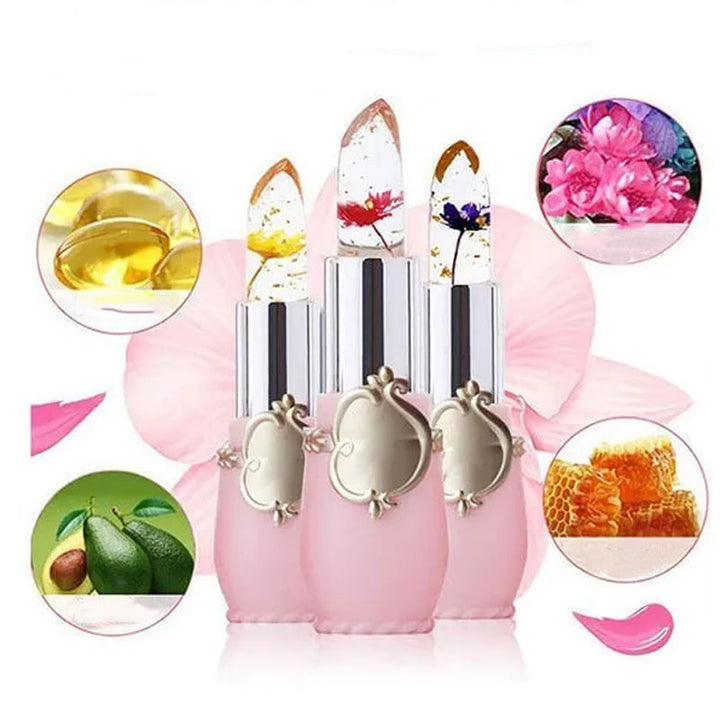 "Kristallgeléblomma färgskiftande läppstift, unikt och elegant med blomma inuti, vårdande naturliga ingredienser."