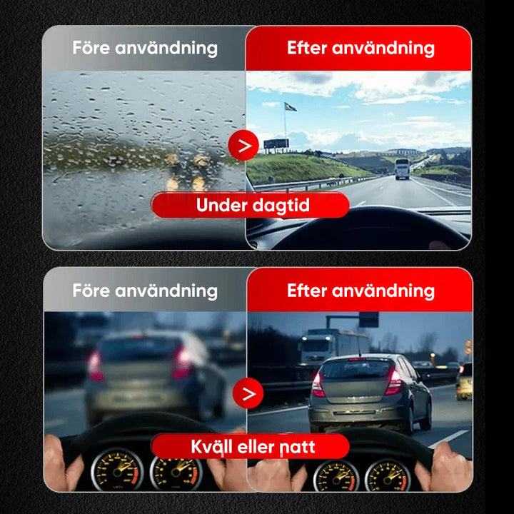 "Kristallklar bilglasrengörare, tar bort oljefilm och smuts snabbt, säker synlighet. Passar alla bilglas och speglar."