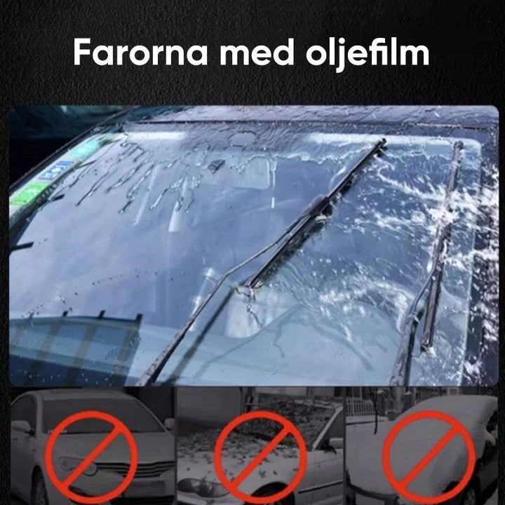 "Kristallklar bilglasrengörare, tar bort oljefilm och smuts snabbt, säker synlighet. Passar alla bilglas och speglar."