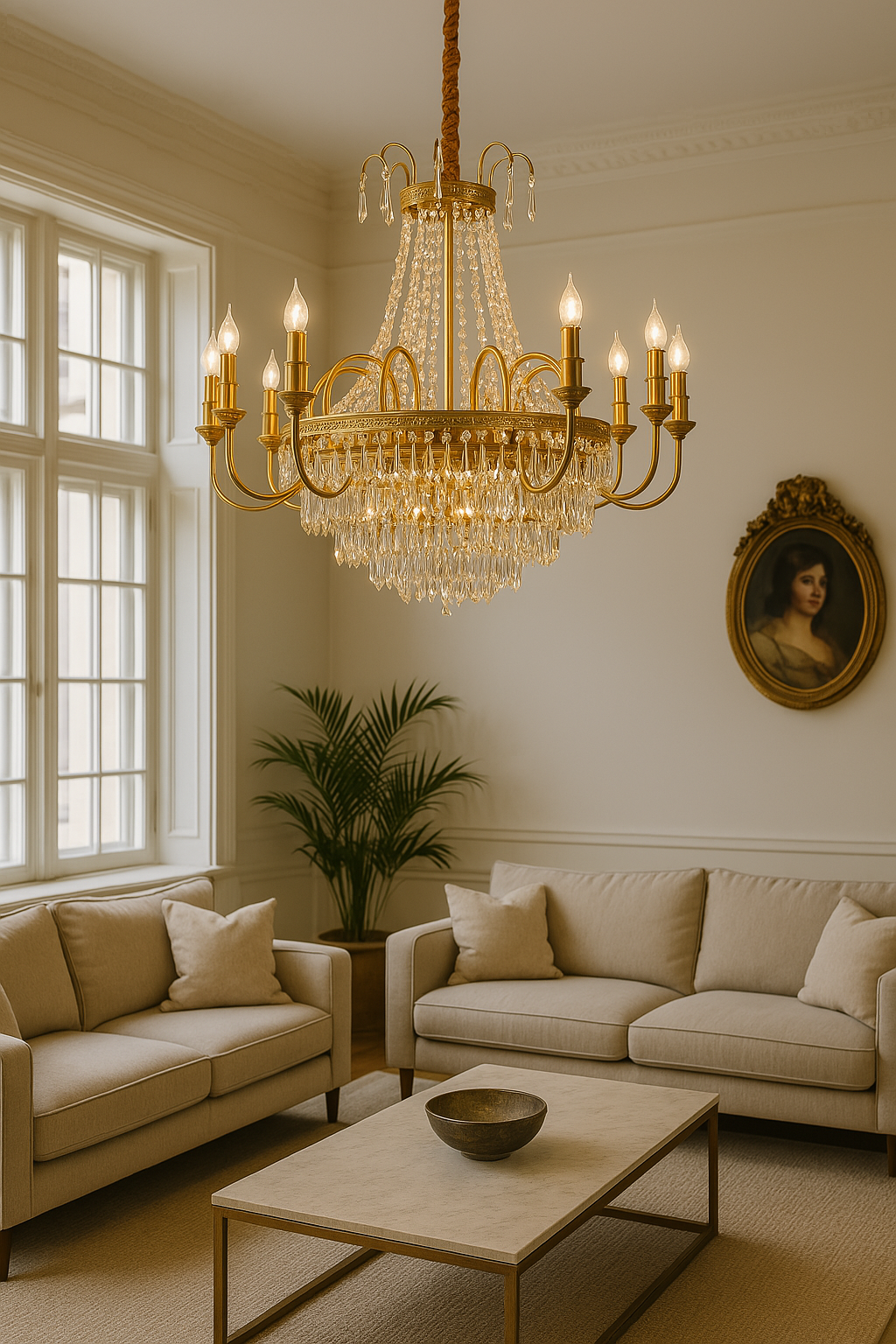 "Kristallkrona med mässingsfinish och gnistrande kristaller i elegant design, perfekt för tidlös och lyxig inredning."