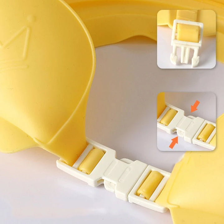 "Kronformad badmössa för barn, öronskyddande, justerbar, i PP + TPE, finns i rött, gult och blått, 15x13 cm."