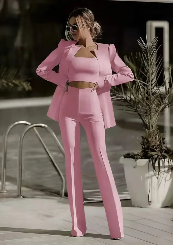 "Kvinnors 3-delad set med blazer, topp och byxor i vitt, grönt, rosa för elegant och mångsidig stil."