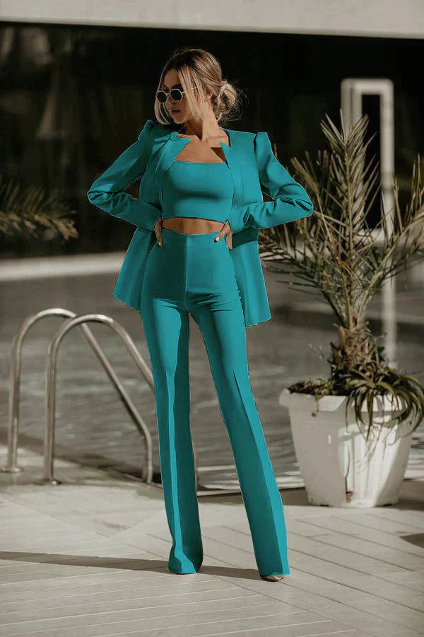 "Kvinnors 3-delad set med blazer, topp och byxor i vitt, grönt, rosa för elegant och mångsidig stil."